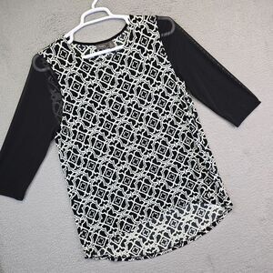 Chicos Travelers Top Womens 2 Medium Black White Mesh Sleeve Tunic Boho Academia